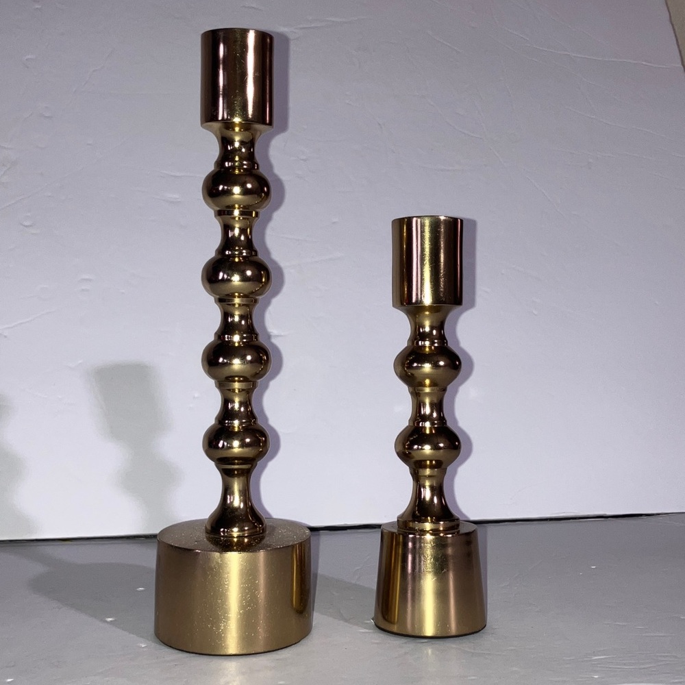 Brass Candle Stick Set (2)  Weighted base‎ and bauble design 9” & 6 1/2”